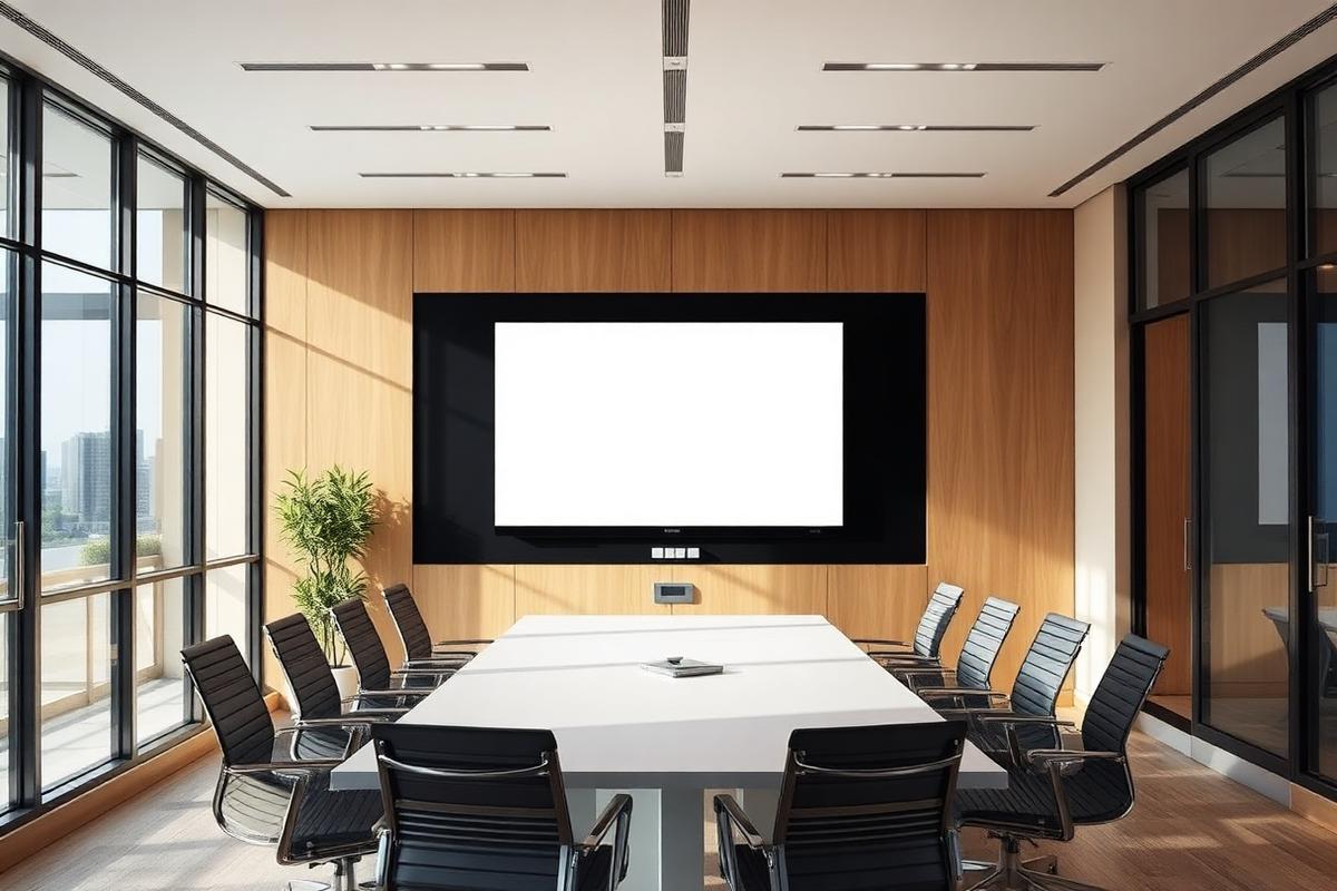 Flat-screen display wall-mounted in an office boardroom