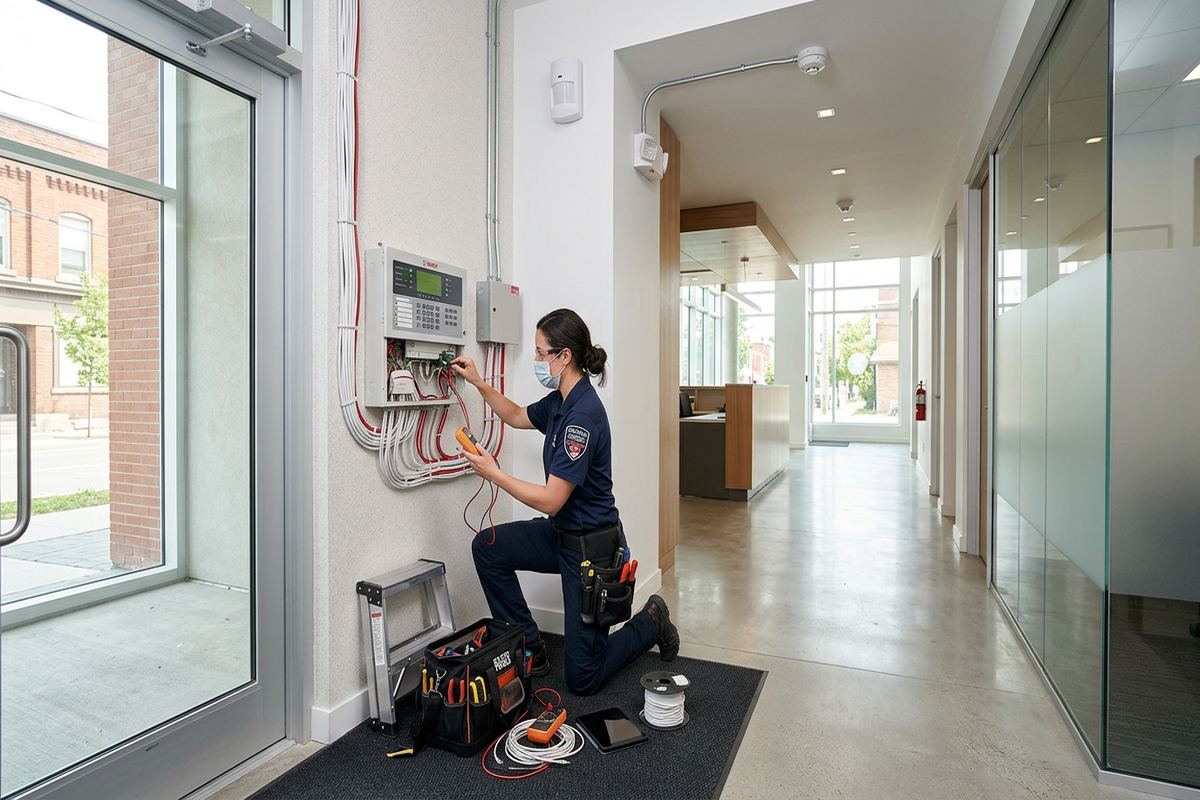 Alarm system inspection being performed by a UnifiedLink low-voltage technician