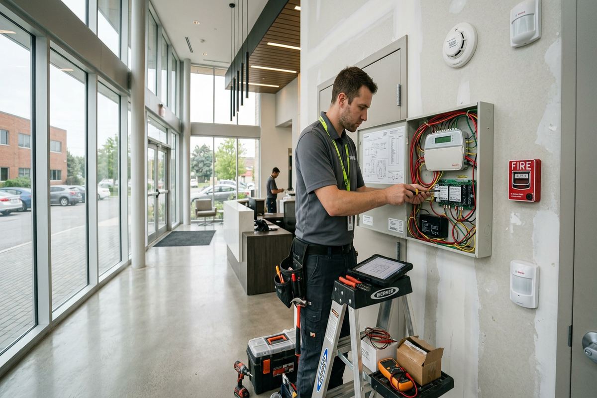 Alarm system maintenance being performed by a UnifiedLink low-voltage technician
