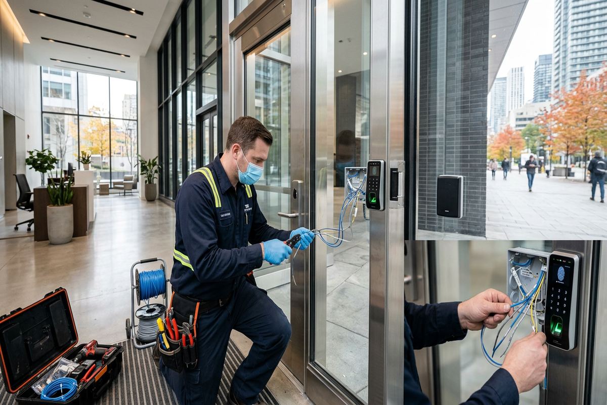 Biometric access control installation being performed by a UnifiedLink low-voltage technician