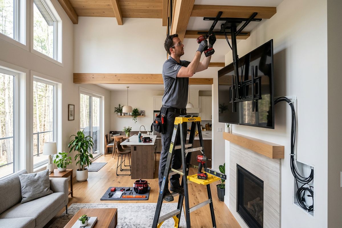 Ceiling TV mounting being performed by a UnifiedLink low-voltage technician