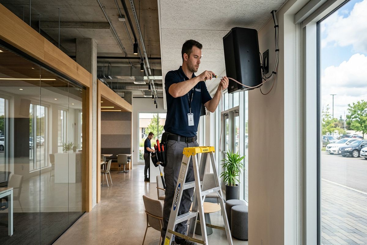 Commercial speaker installation being performed by a UnifiedLink low-voltage technician