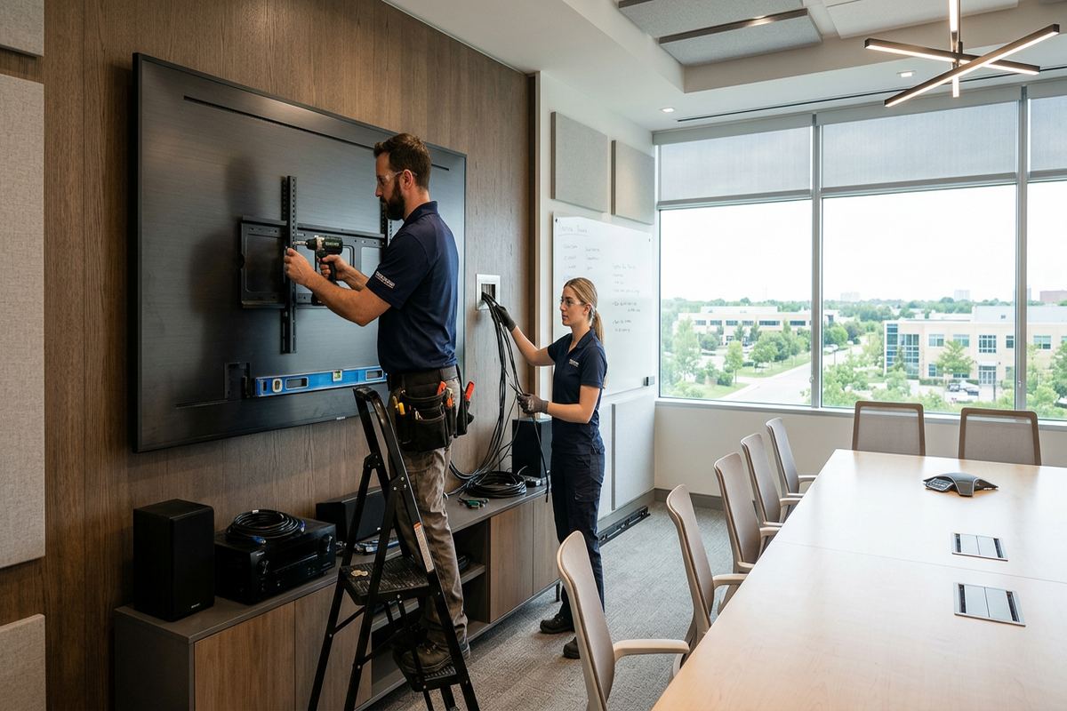 Conference room display installation being performed by a UnifiedLink low-voltage technician