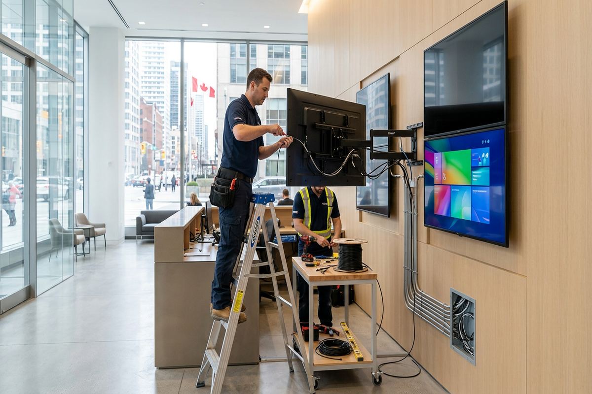 Digital signage installation being performed by a UnifiedLink low-voltage technician