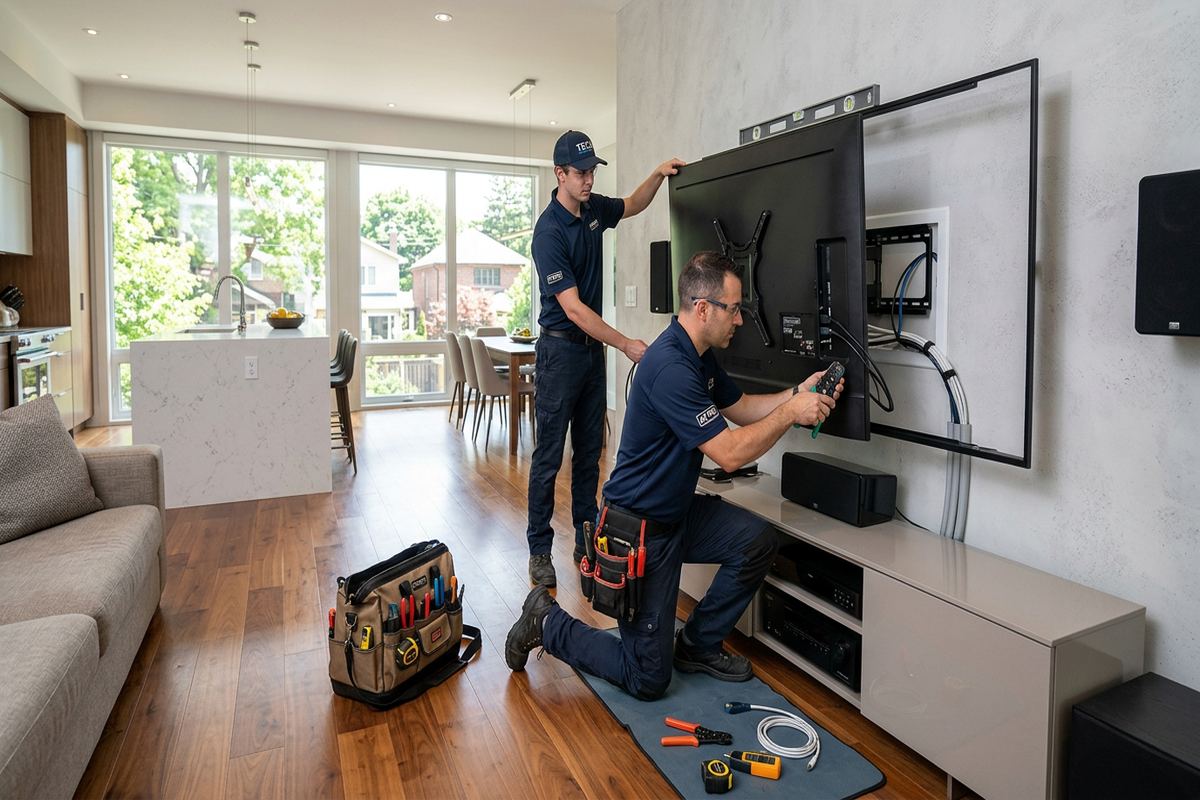 Display replacement and upgrades being performed by a UnifiedLink low-voltage technician