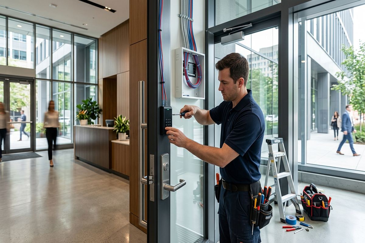 Door hardware coordination being performed by a UnifiedLink low-voltage technician