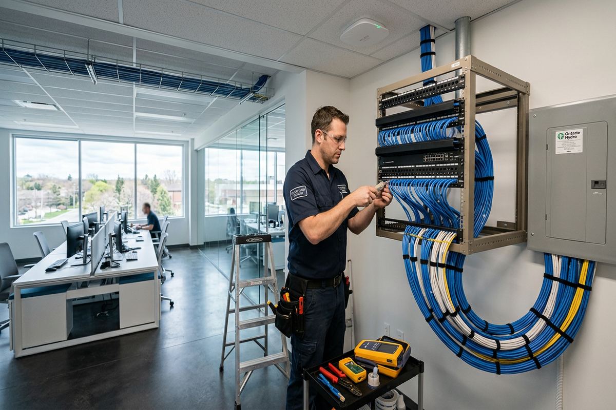 Ethernet cabling installation being performed by a UnifiedLink low-voltage technician