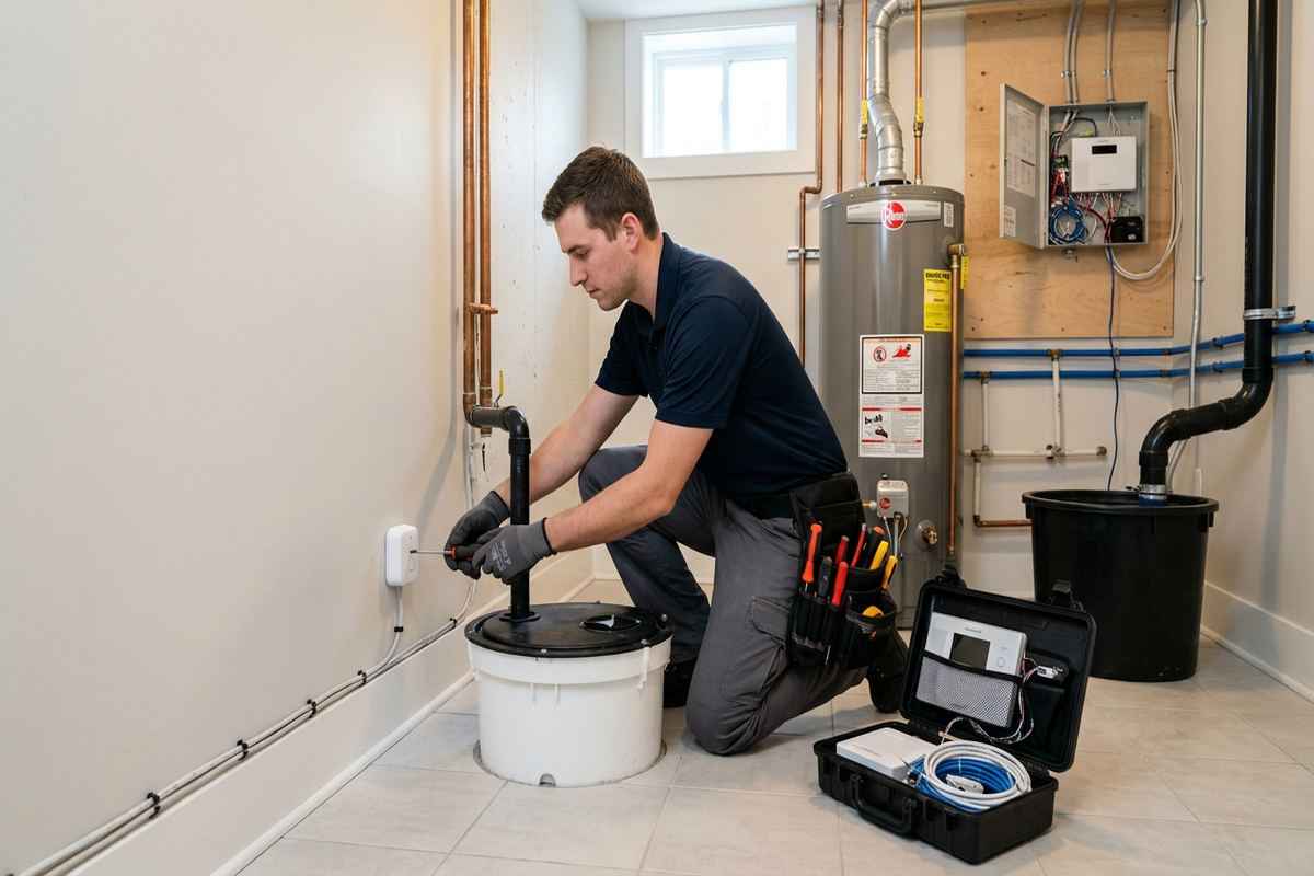 Flood sensor installation being performed by a UnifiedLink low-voltage technician