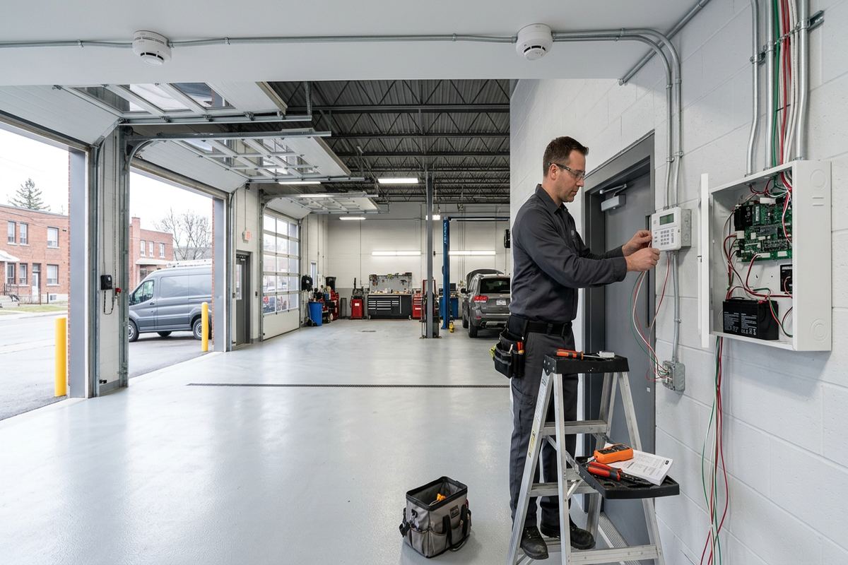 Garage alarm integration being performed by a UnifiedLink low-voltage technician