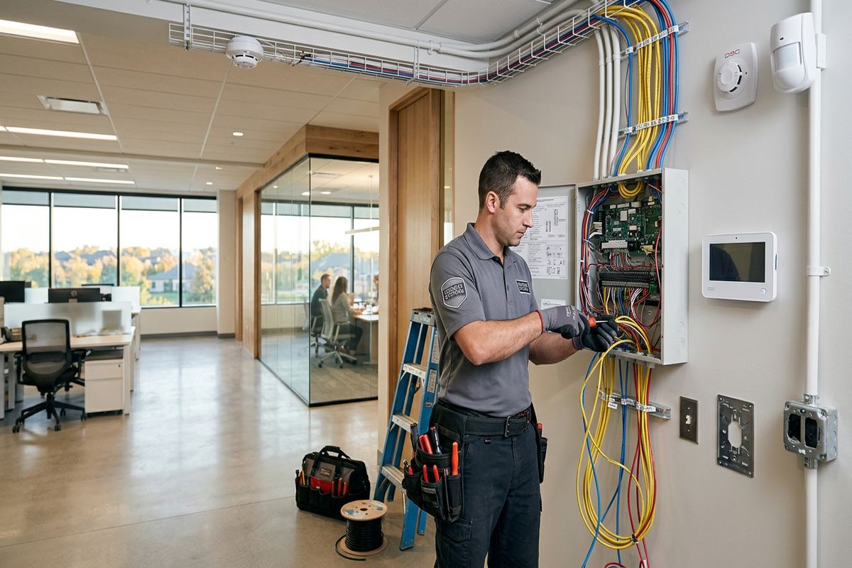 Hybrid alarm system installation being performed by a UnifiedLink low-voltage technician