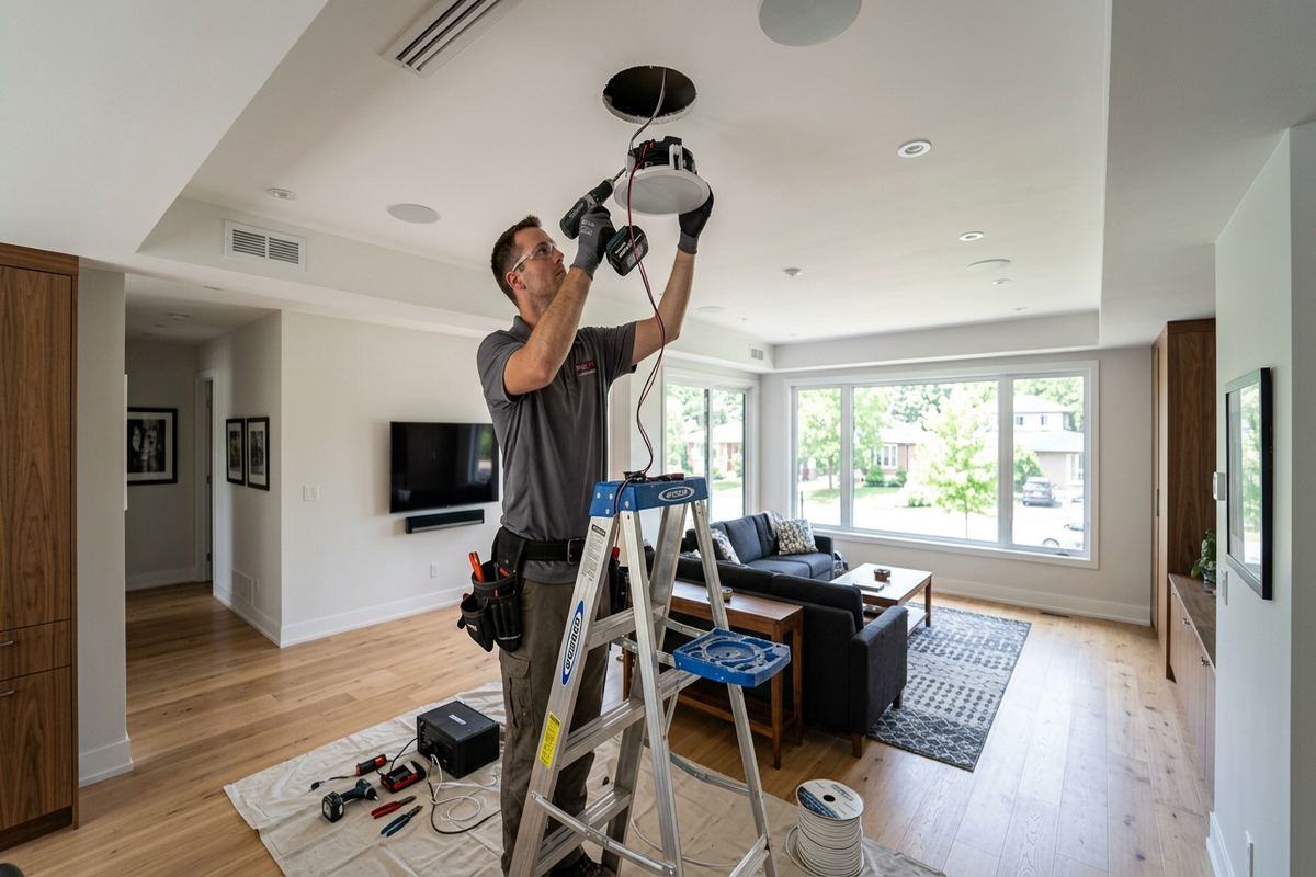 In-ceiling speaker installation being performed by a UnifiedLink low-voltage technician