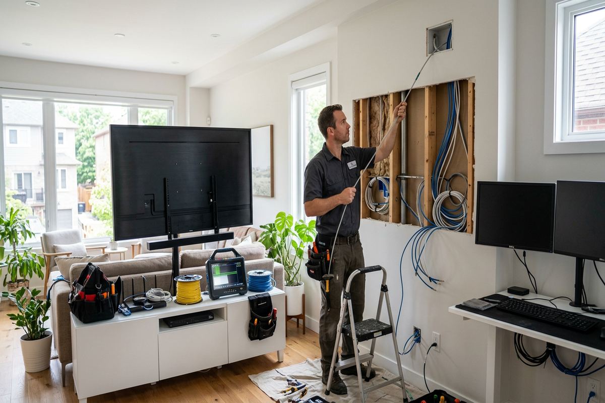 In-wall display wiring being performed by a UnifiedLink low-voltage technician
