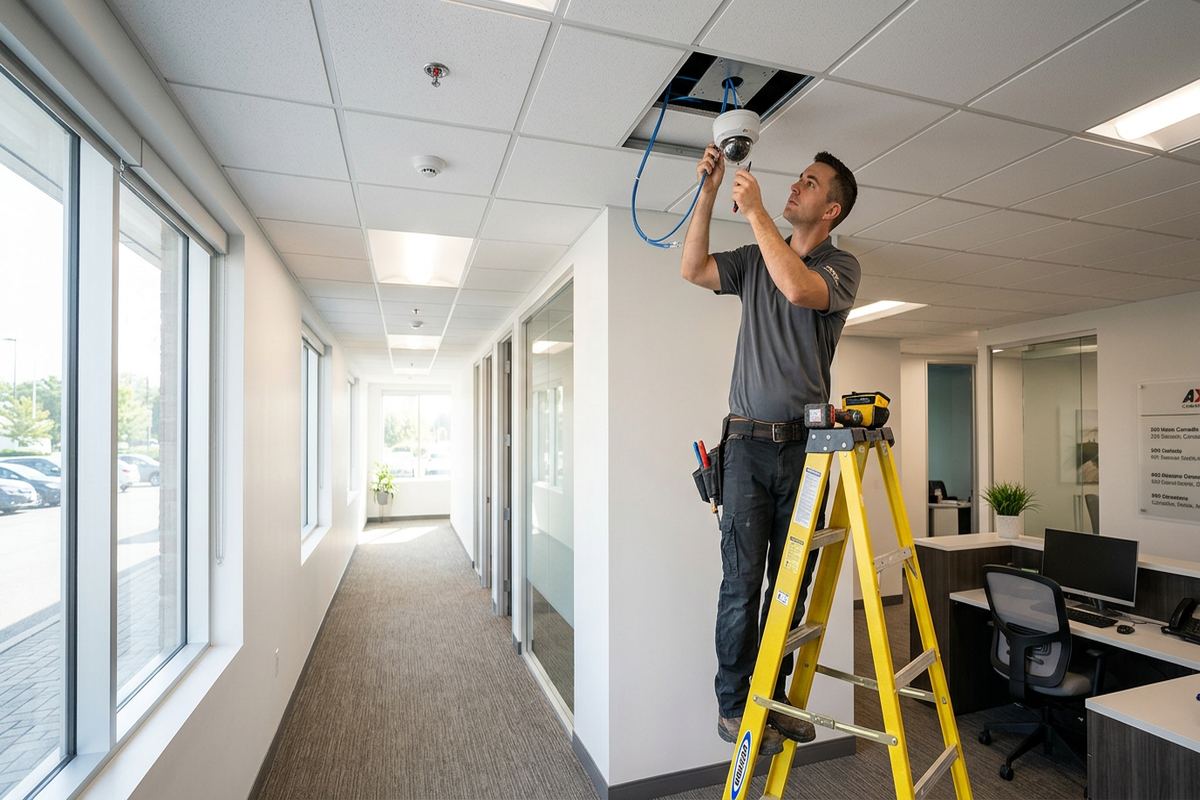 Indoor camera installation being performed by a UnifiedLink low-voltage technician