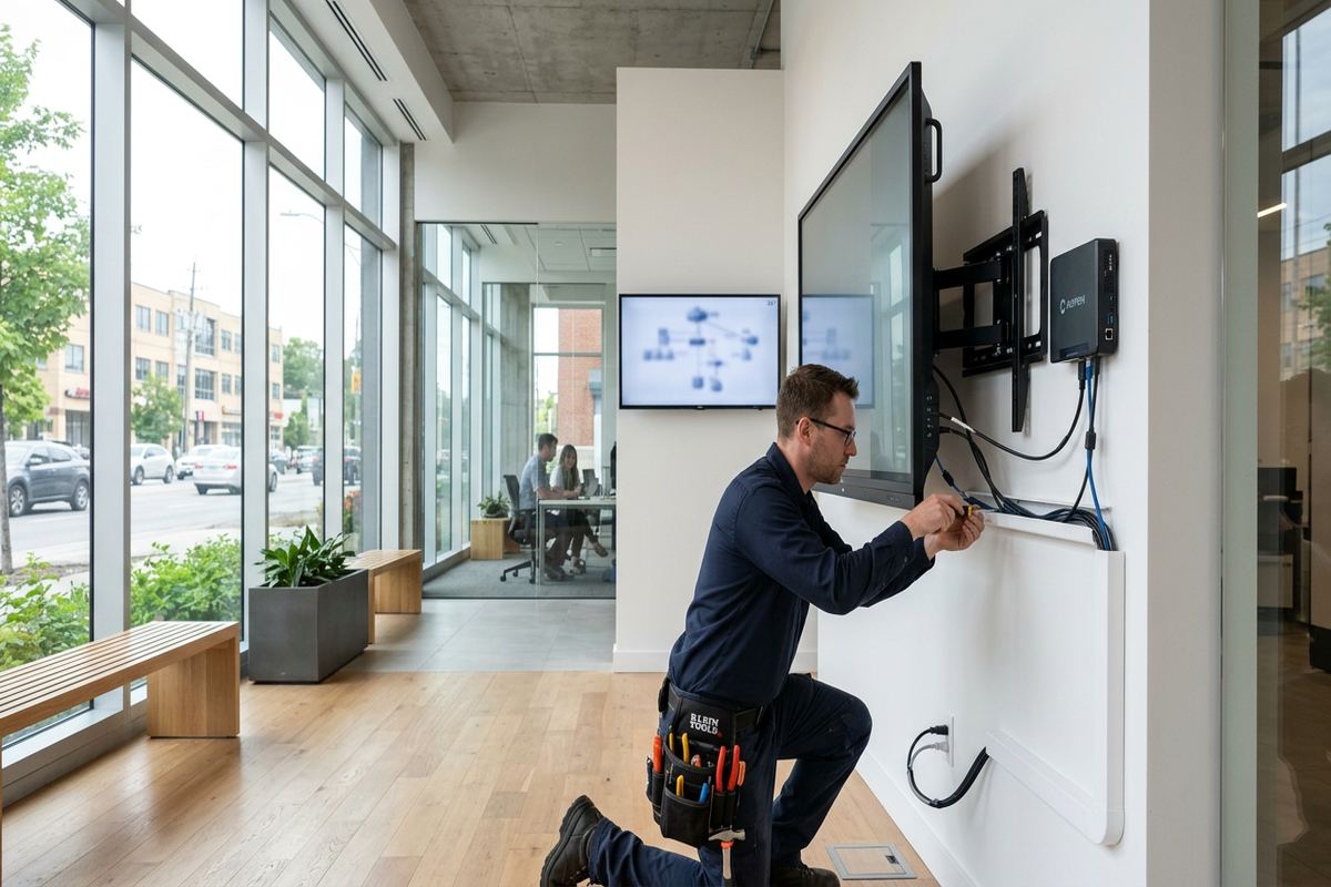 Interactive display installation being performed by a UnifiedLink low-voltage technician