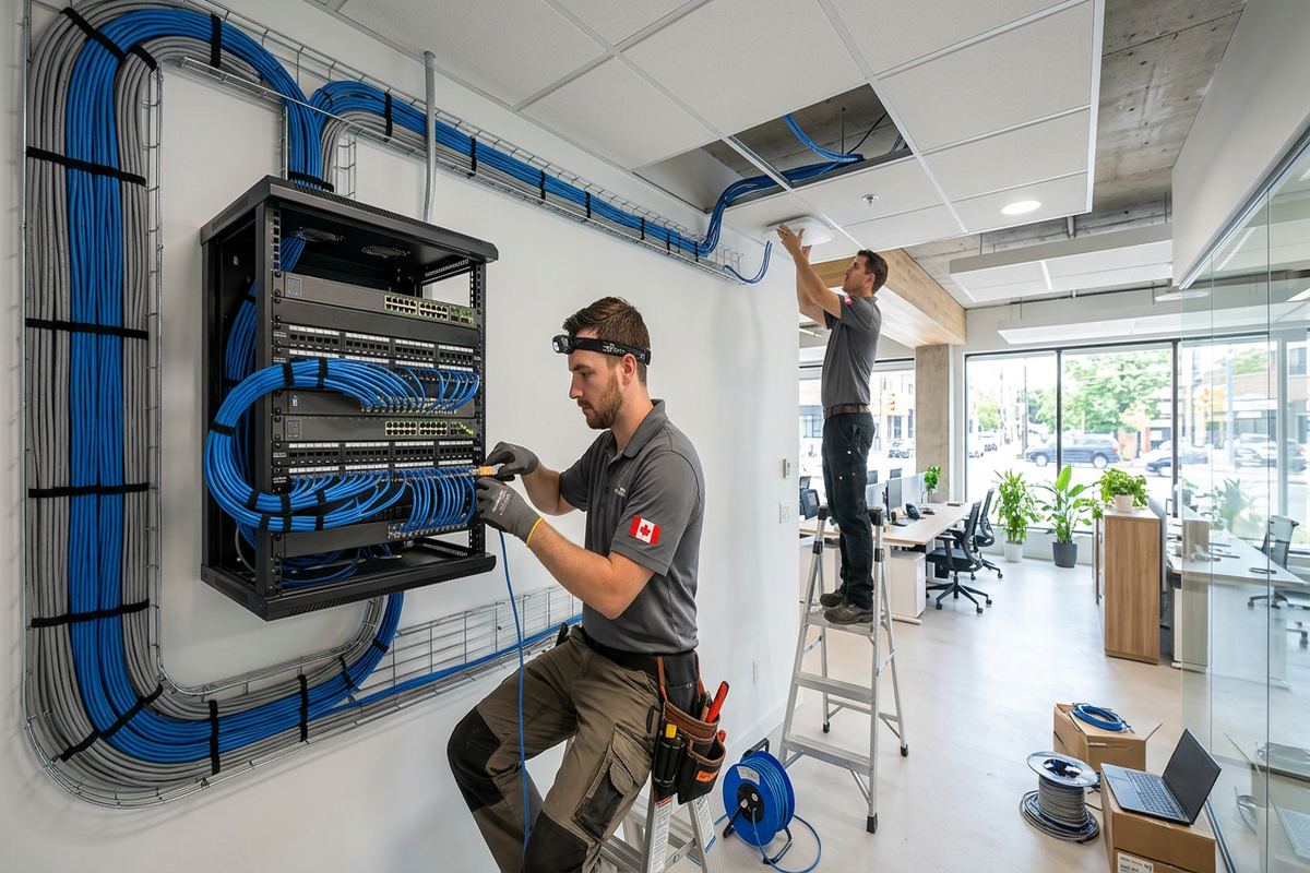 IP phone system cabling being performed by a UnifiedLink low-voltage technician