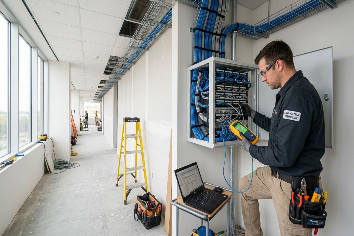 Low-voltage cable testing being performed by a UnifiedLink low-voltage technician