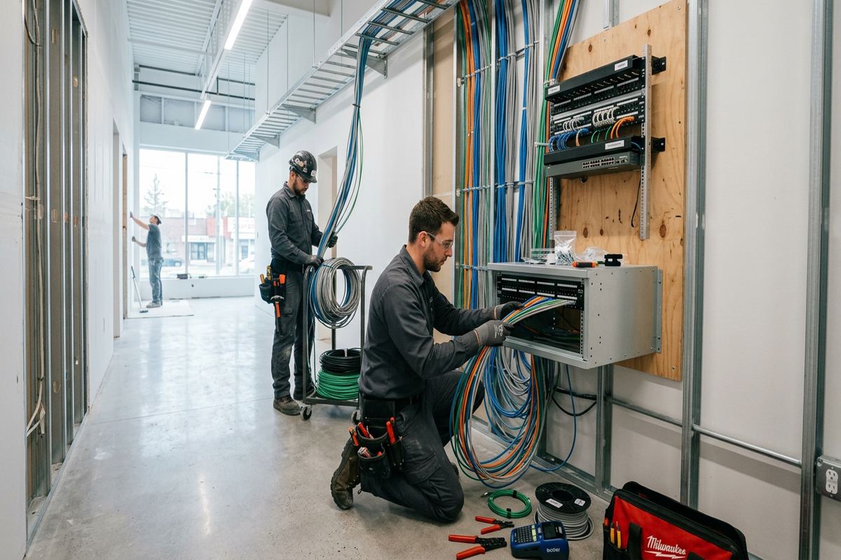 Low-voltage equipment relocation being performed by a UnifiedLink low-voltage technician