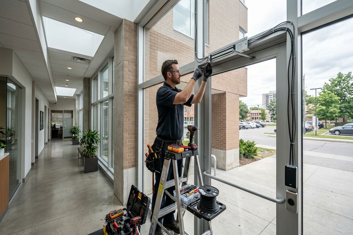 Magnetic lock installation being performed by a UnifiedLink low-voltage technician