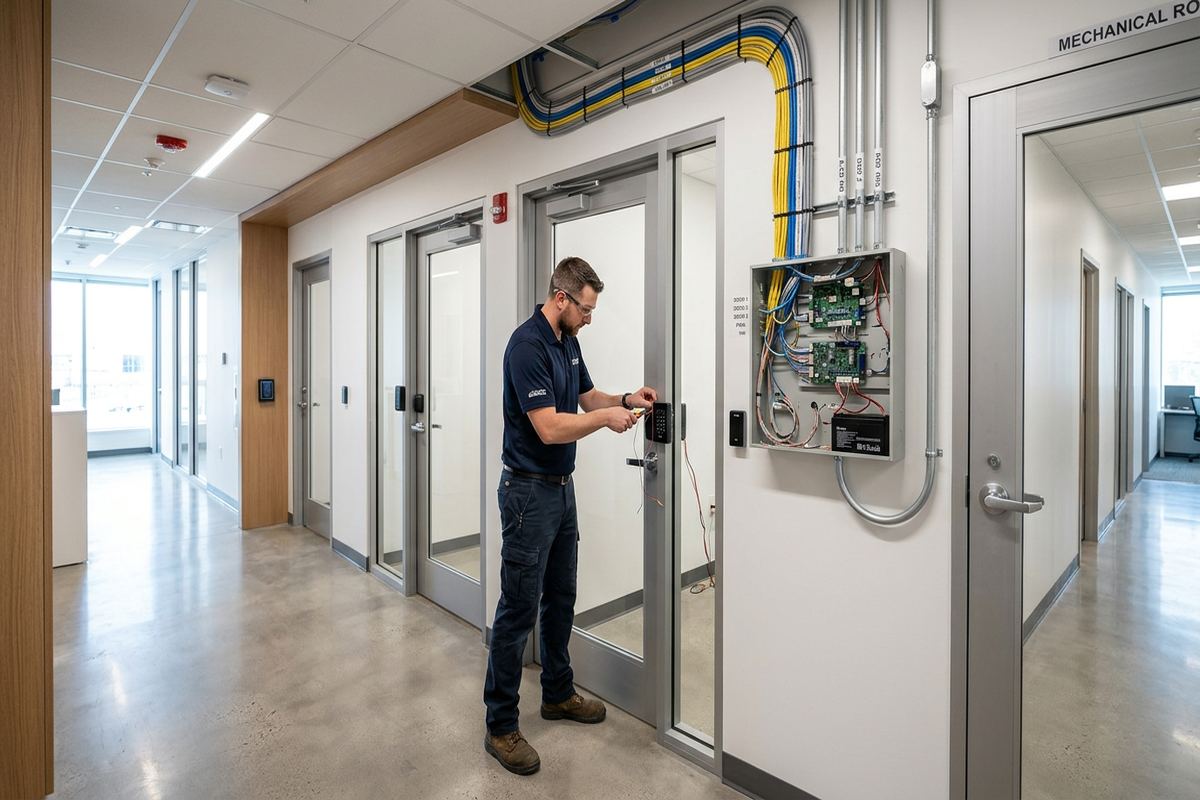 Multi-door access control being performed by a UnifiedLink low-voltage technician