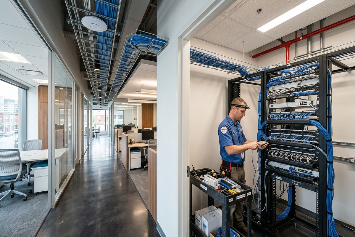 Network cabling for offices being performed by a UnifiedLink low-voltage technician