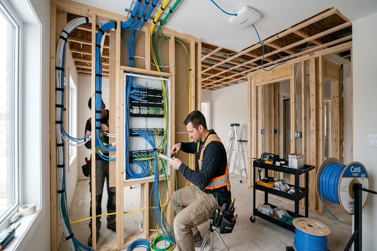 New construction network pre-wiring being performed by a UnifiedLink low-voltage technician