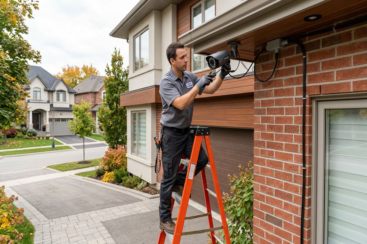 Night vision camera installation being performed by a UnifiedLink low-voltage technician