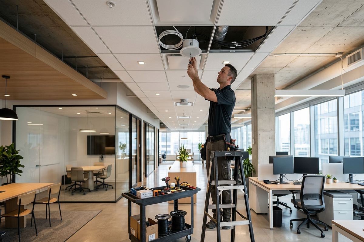 Office audio system installation being performed by a UnifiedLink low-voltage technician