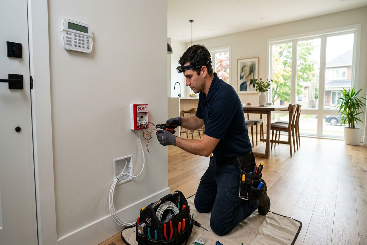 Panic button installation being performed by a UnifiedLink low-voltage technician