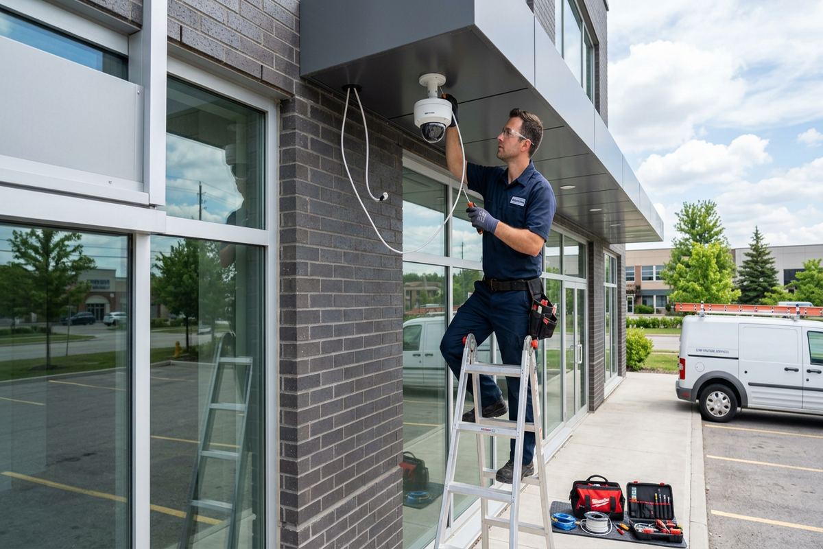 PoE camera installation being performed by a UnifiedLink low-voltage technician