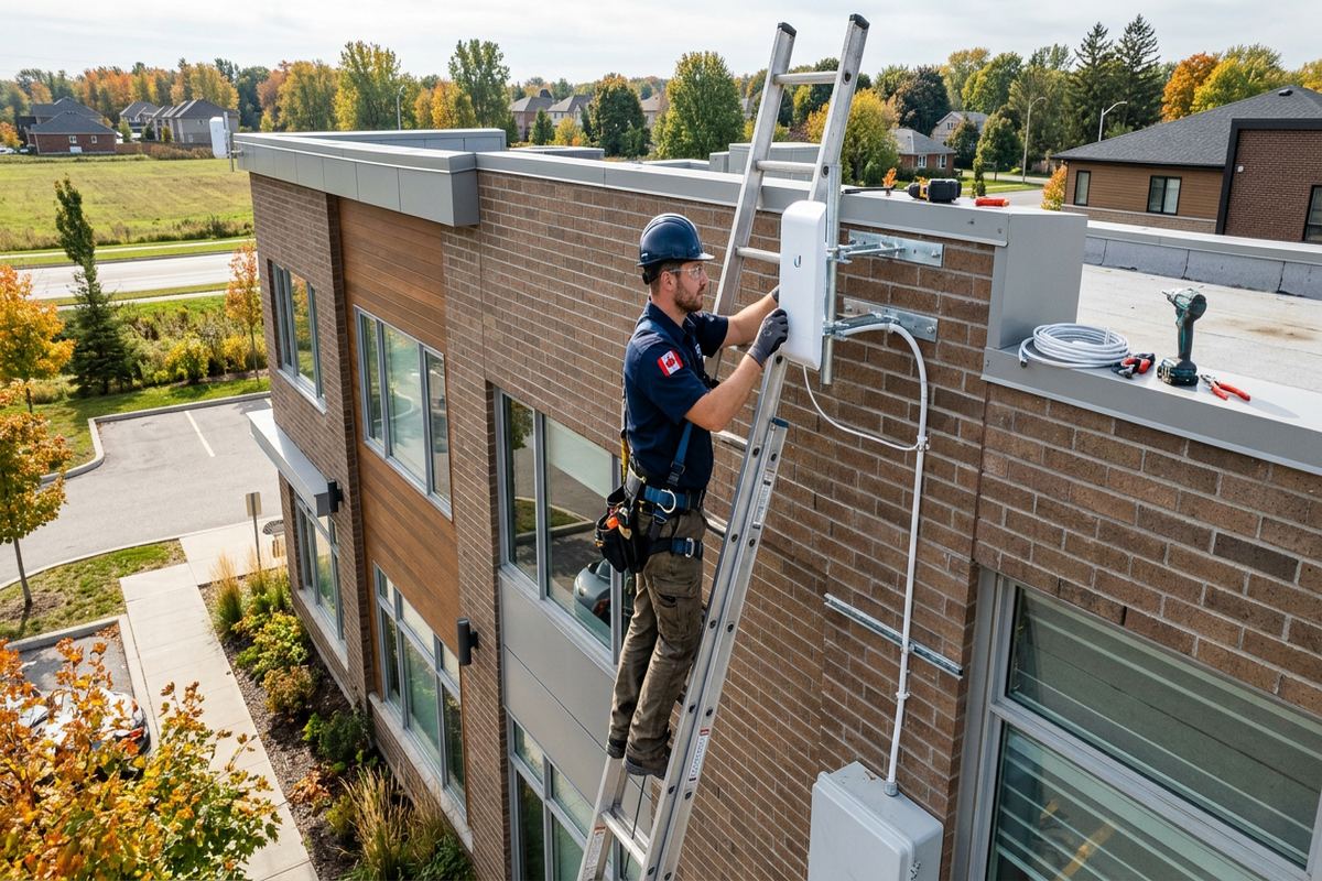 Point-to-point wireless bridge installation being performed by a UnifiedLink low-voltage technician