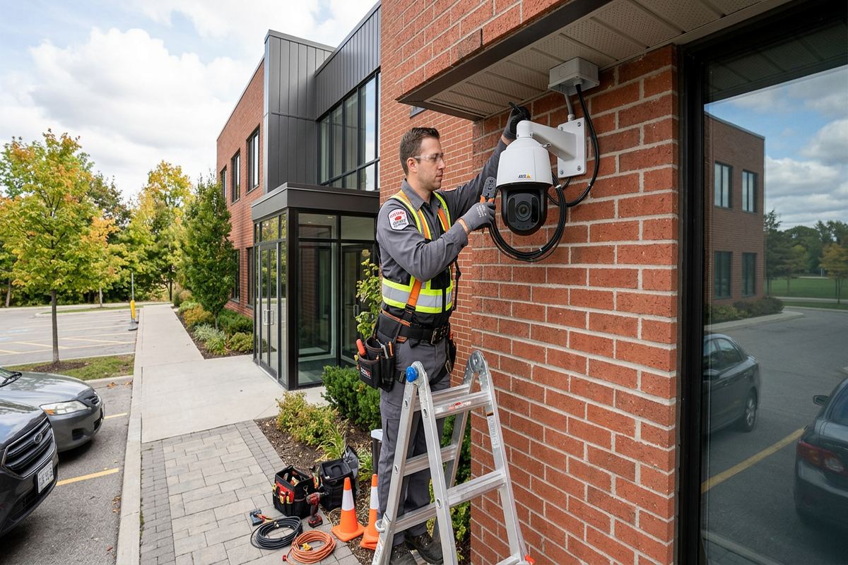 PTZ camera installation being performed by a UnifiedLink low-voltage technician