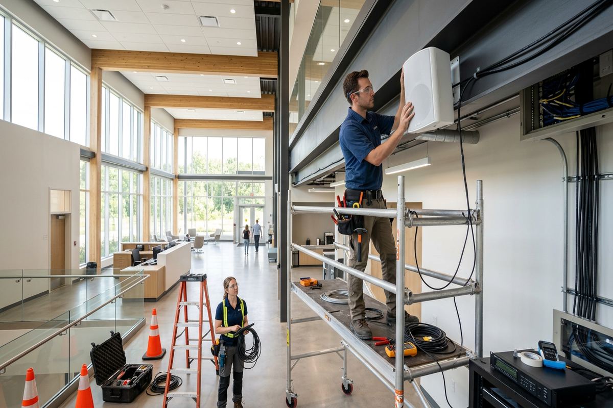 Public address system installation being performed by a UnifiedLink low-voltage technician