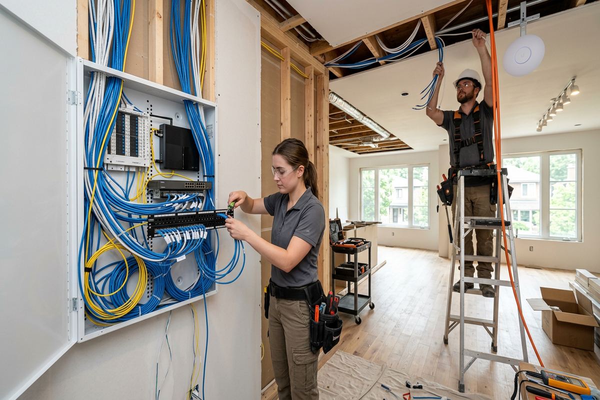 Renovation network pre-wiring being performed by a UnifiedLink low-voltage technician