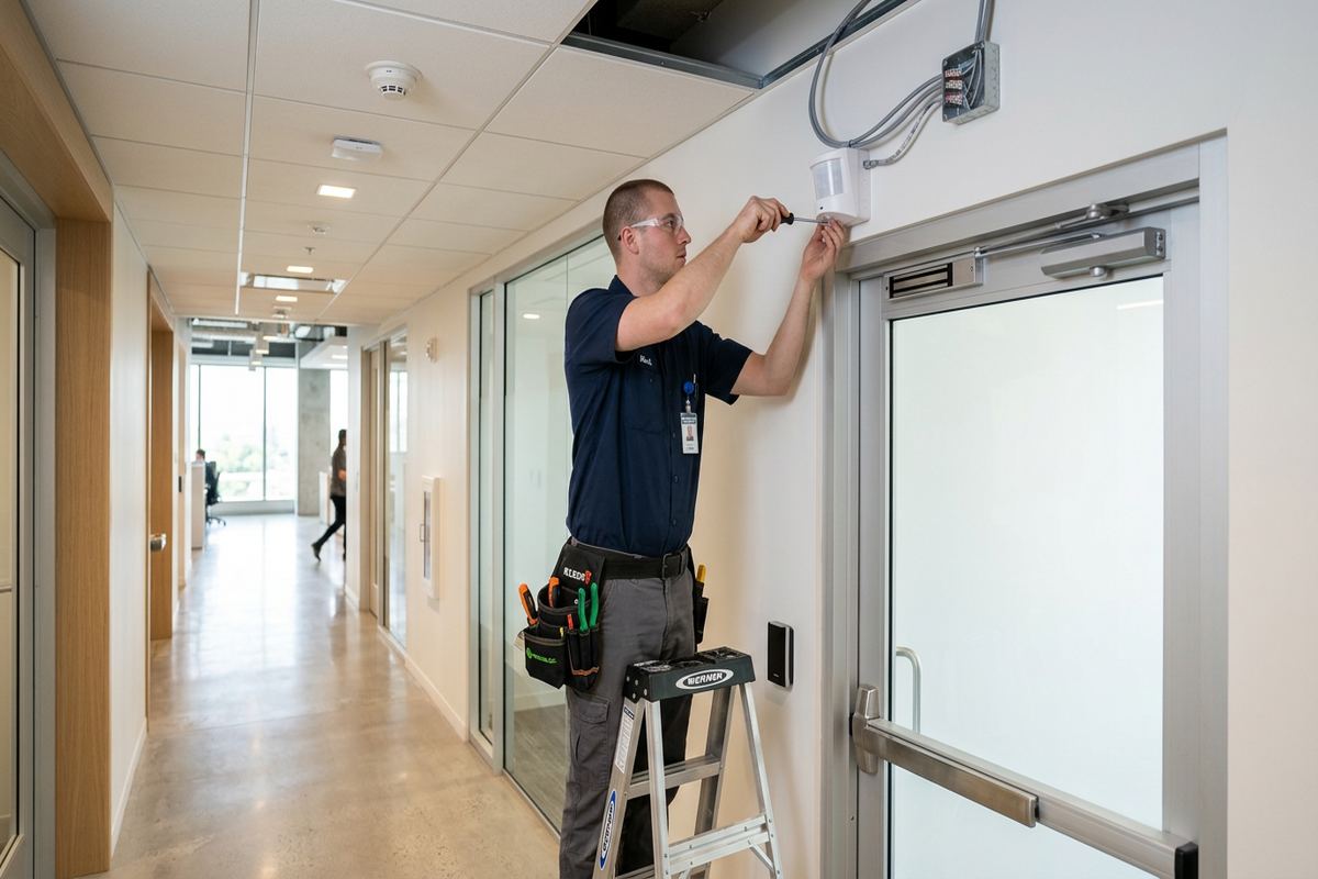 Request-to-exit device installation being performed by a UnifiedLink low-voltage technician