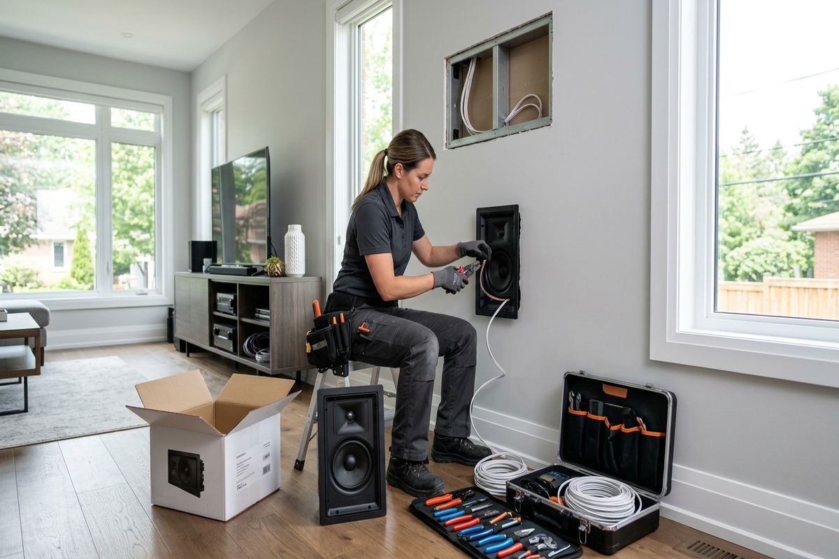 Speaker replacement and upgrades being performed by a UnifiedLink low-voltage technician