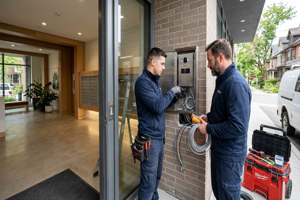 Telephone entry system installation being performed by a UnifiedLink low-voltage technician