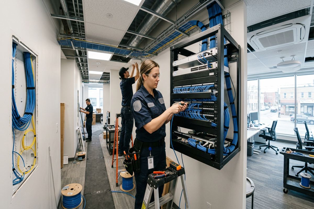 VoIP cabling installation being performed by a UnifiedLink low-voltage technician