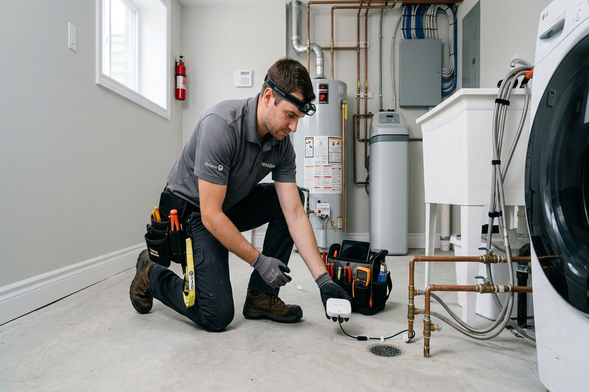 Water leak sensor installation being performed by a UnifiedLink low-voltage technician