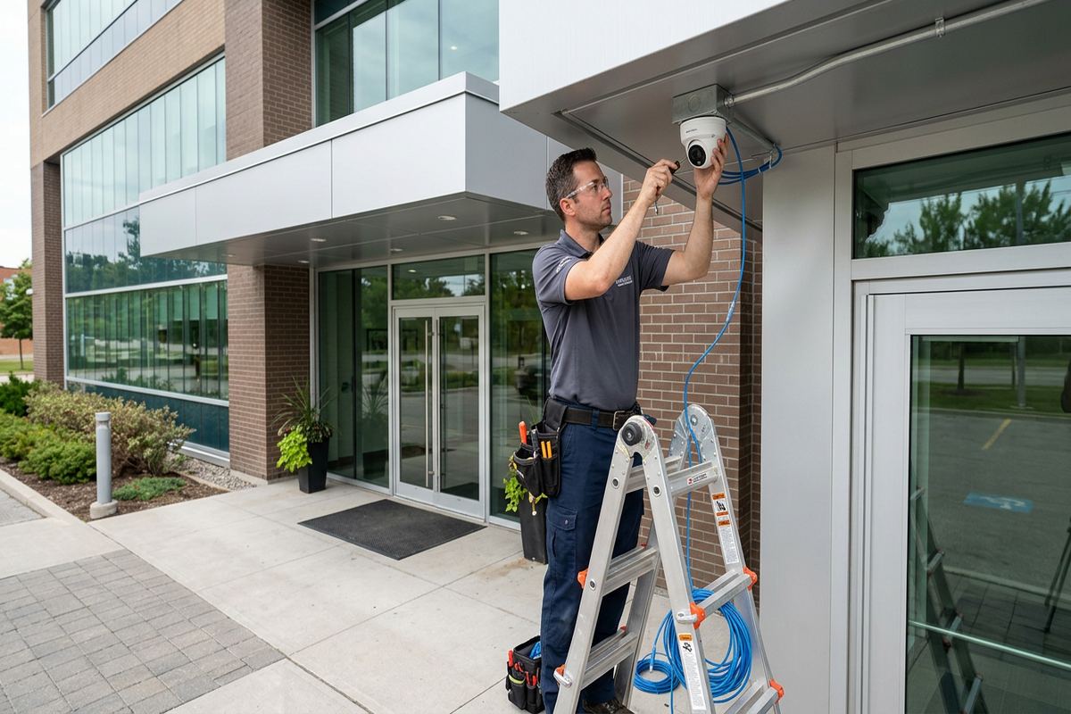Wired IP camera installation being performed by a UnifiedLink low-voltage technician
